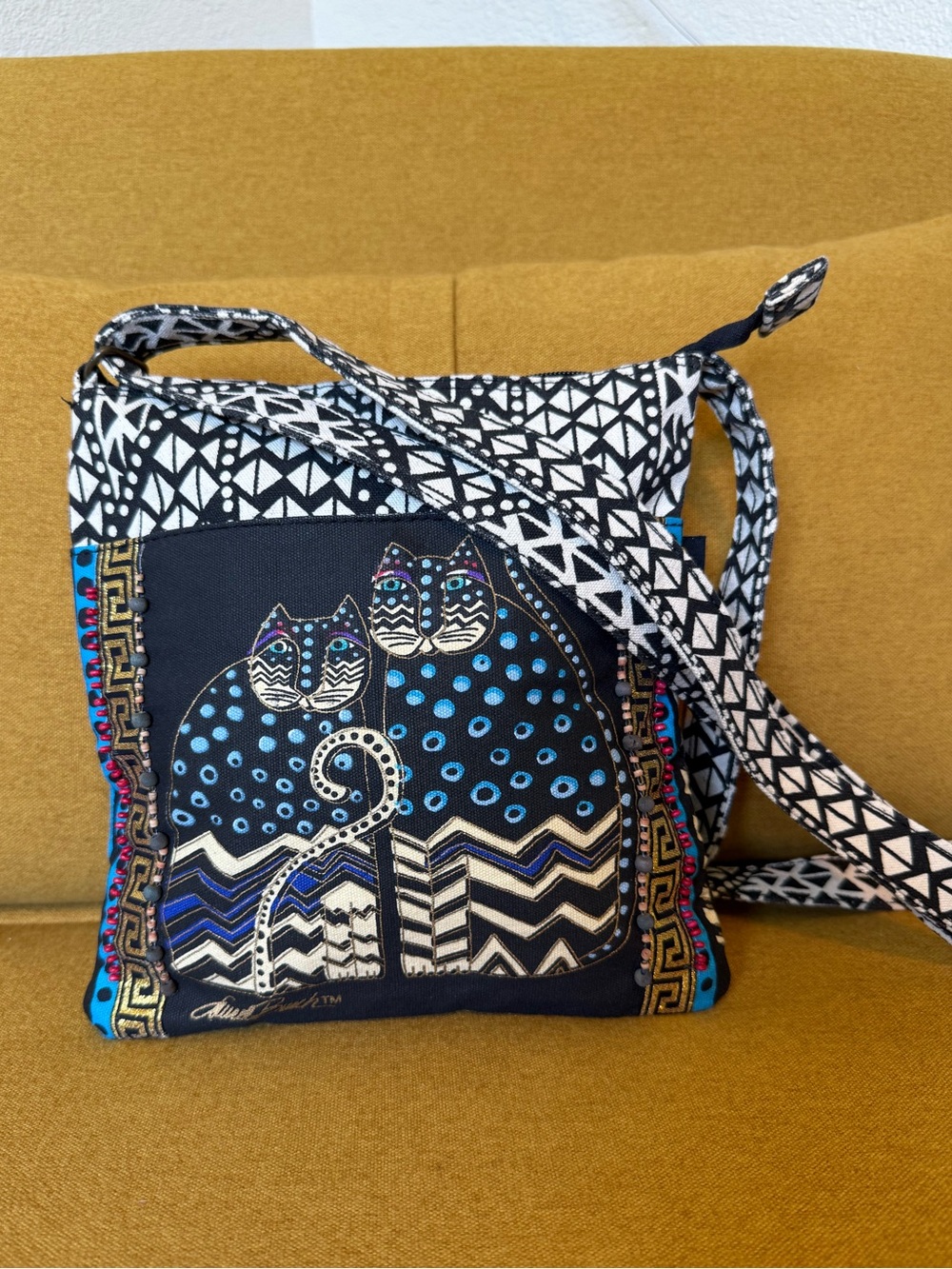 Laurel Burch Cat Crossbody Bag Colorful Geometric Cat Art Shoulder Purse